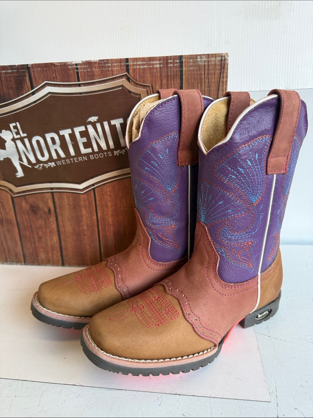 NEW EL NORTEÑO FAMILY COWBOY BOOTS NORTEÑITO SIZE 12.5 GIRLS BOYS BROWN PURPLE